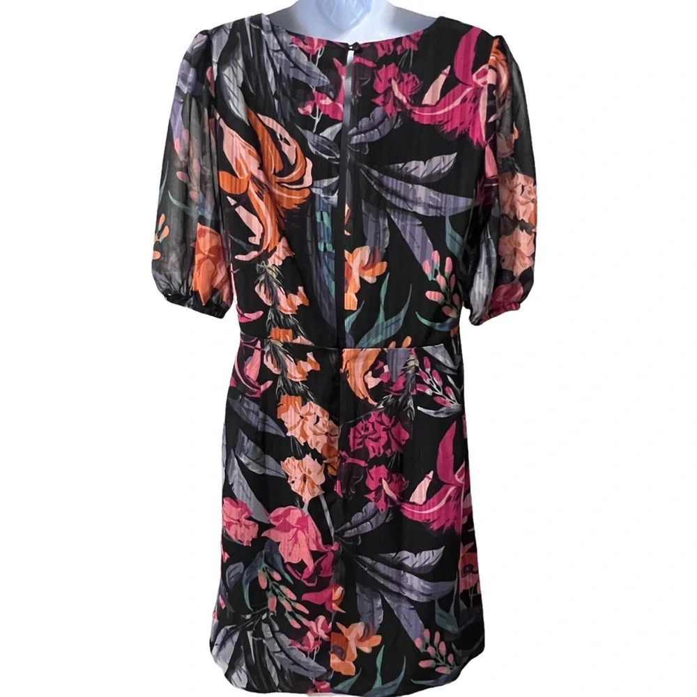 La Maison Talulah dress floral faux wrap puff sleeve open back M black tropical